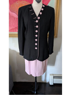 Vintage 80s Claude Rene` Black and Pink Blazer Suit Jacket and skirt